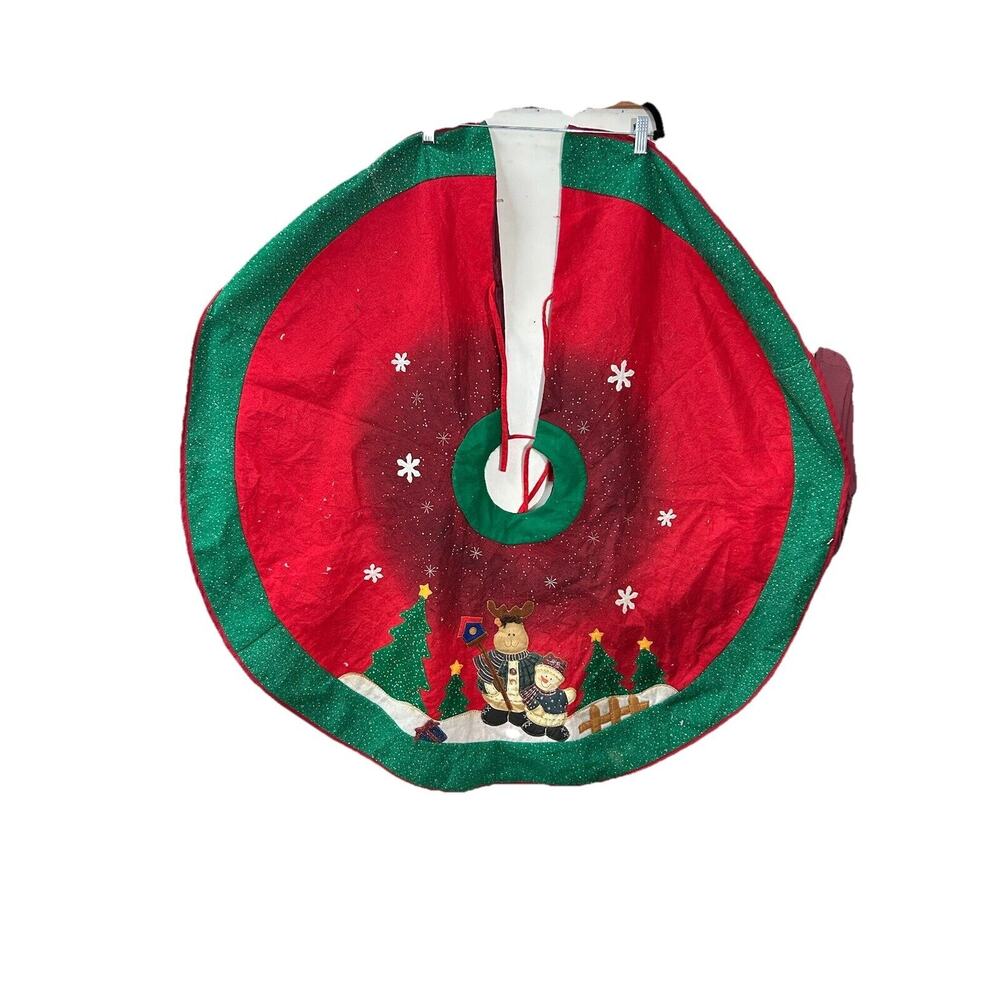 Christmas Tree Skirt Red Felt Green Trim Appliqué Snowman Snowmoose 36" Diameter